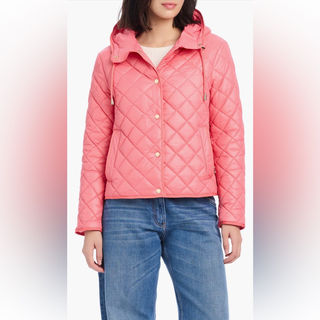 Kate Spade New York Hooded Quilted Packable Jacket Coat Hot Coral Pink Xl Nwt